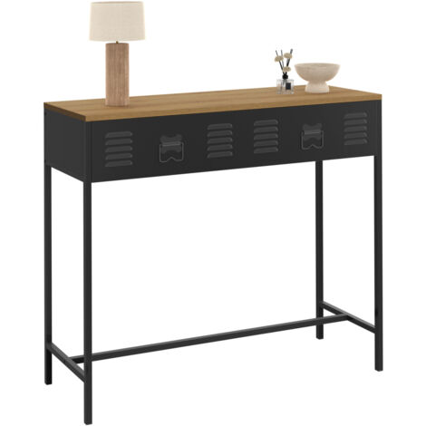 Idmarket – Console 1 tiroir en métal noir et bois – Dimensions 90x30x80 cm – Tiroir L.81x25x10 cm – Style industriel pour décoration loft
