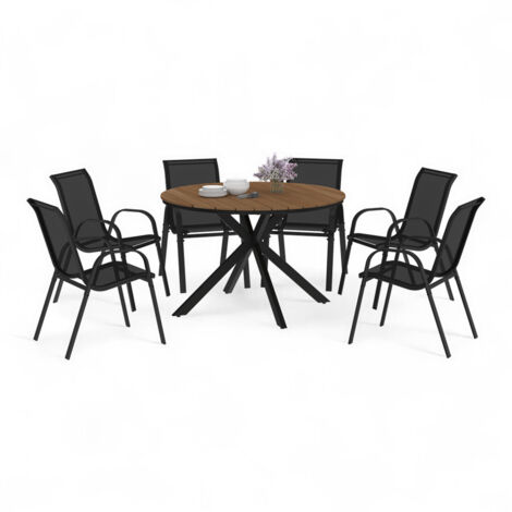 Salon de jardin MESSINA table ronde 120 cm pied araignée plateau effet bois et 6 chaises empilables noires