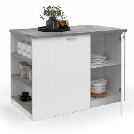 Idmarket – Ilot central 120 cm bois blanc – Plan de travail effet béton – 2 portes avec étagères ajustables – Meuble bar moderne pour cuisine