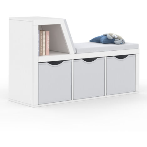 Idmarket – Bibliothèque enfant 4 cases avec coussins gris – Dimensions 102x33x62 cm – Panneaux de particules et bacs en tissu – Design contemporain blanc