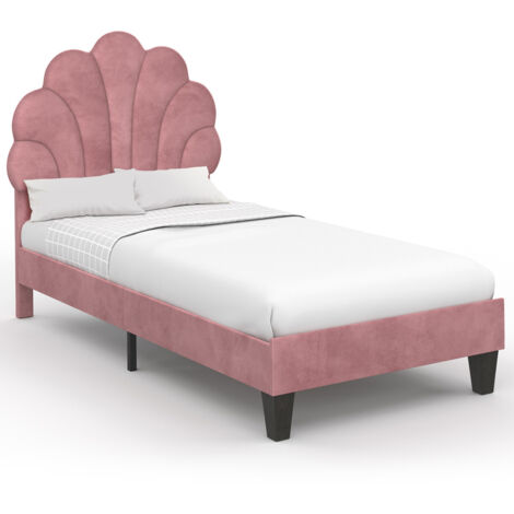 Idmarket – Lit simple coquillage 90 x 190 cm – Sommier 10 lattes en bois – Velours rose poudré – Tête de lit ajustable 3 positions