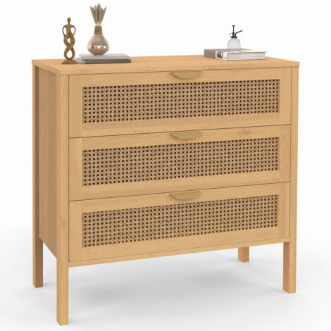 Idmarket – Commode 3 tiroirs 80 cm – Cannage synthétique – Bois naturel – Rangement optimisé pour vêtements volumineux