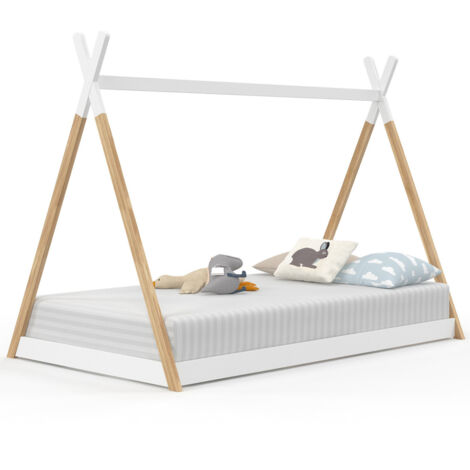 Idmarket – Lit tipi enfant 90 x 190 cm – Structure en bois de pin et MDF – Sommier 10 lattes – Design Montessori pour autonomie (1/5)