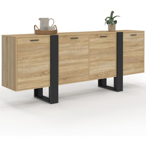 Idmarket – Buffet enfilade 200 cm 4 portes bois et noir – Structure robuste – Design bi-matière moderne – Idéal pour salle à manger