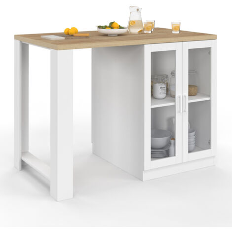 Idmarket – Îlot central 120 cm pour 2 personnes – Bois blanc et plan de travail épais 3 cm – Portes vitrées – Design moderne et épuré