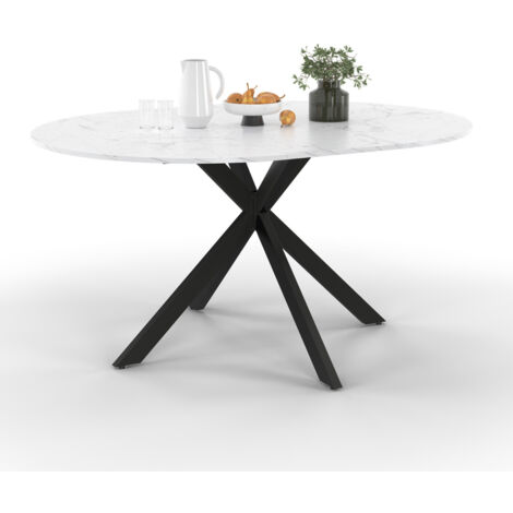 Idmarket – Table à manger extensible ronde 110-150 cm – Capacité 4-8 personnes – Pied araignée noir – Plateau effet marbre blanc