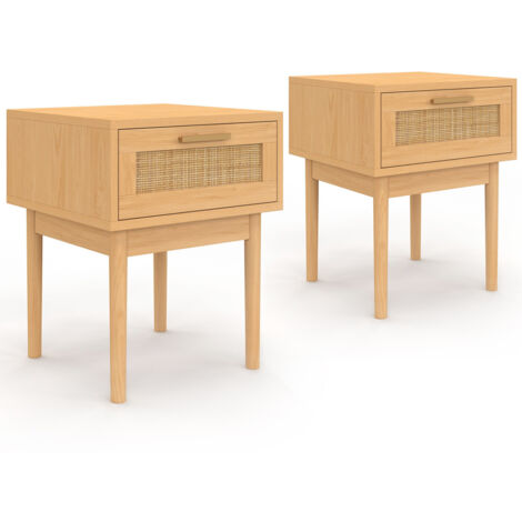 Idmarket – Lot de 2 tables de chevet 1 tiroir en bois naturel et cannage – Dimensions 40x40x50cm – Style vintage pour chambre moderne