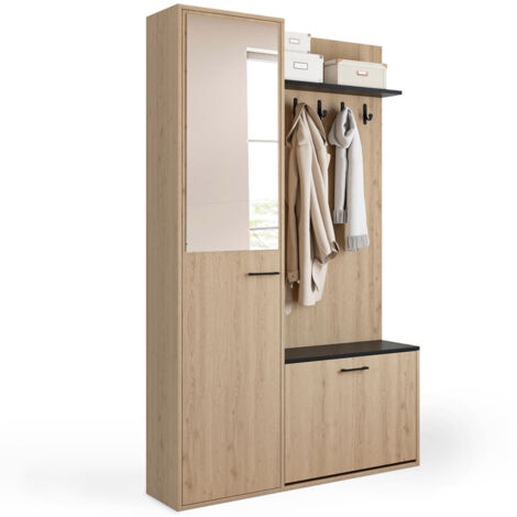 Idmarket – Vestiaire d'entrée rangement chaussures avec miroir et étagères – 1 porte effet bois et noir – Dimensions 100x30x170 cm – Pour entrée moderne