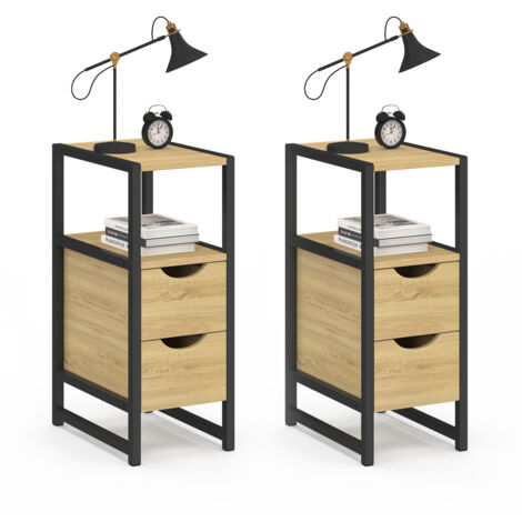 Idmarket – Lot de 2 tables de chevet bois et métal noir – 2 tiroirs – Dimensions 20x30x50cm – Design industriel moderne