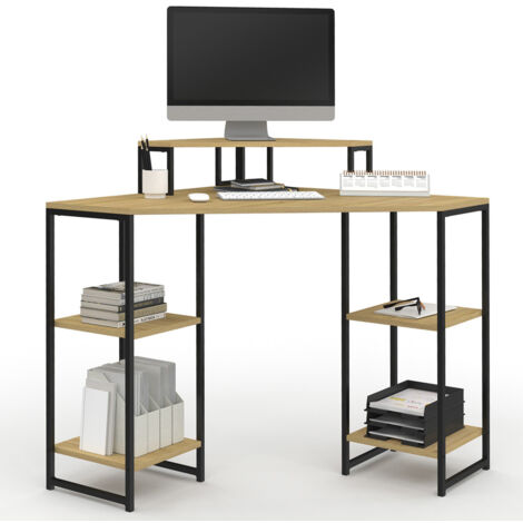Idmarket – Bureau d'angle noir et hêtre 85x85 cm – Bureau informatique avec étagère supérieure – Rangement latéral pour classeurs et dossiers (1/5)