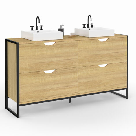 Idmarket – Meuble sous vasque double 120 cm – Bois et métal noir – 4 tiroirs – Installation facile – Pour salle de bain moderne
