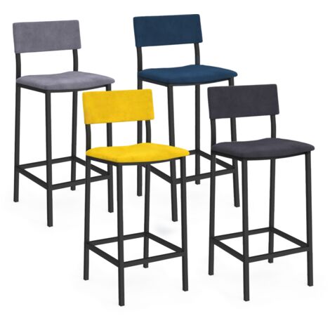 Idmarket – Lot de 4 tabourets de bar AUBIN – Dossier en velours – Hauteur d'assise 68 cm – Structure métal – Mix color bleu, gris clair, gris foncé, jaune