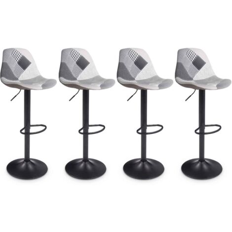 Idmarket – Lot de 4 tabourets de bar patchwork noir, gris et blanc – Hauteur réglable 57 à 79 cm – Socle rond 38,5 cm – Assise rembourrée confortable