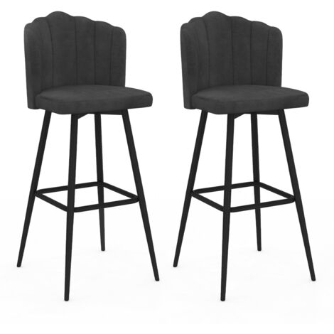Idmarket – Lot de 2 tabourets de bar coquillage – Hauteur d'assise 67 cm – Revêtement velours gris anthracite – Pieds en métal noir (1/5)