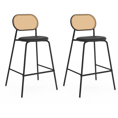 Idmarket – Lot de 2 tabourets de bar vintage en métal noir – Dossier cannage 24 cm – Hauteur d'assise 70 cm – Idéal pour bar ou îlot central (1/5)