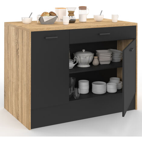 Idmarket – Îlot central de cuisine bois noir 120x70x90 cm – Grand plan de travail – Rangement avec tiroir et placards – Meuble à monter soi-même