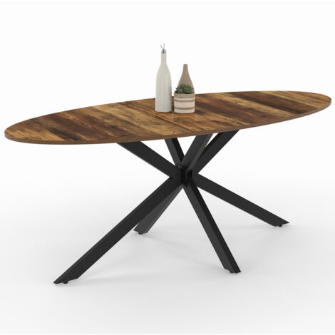 Idmarket – Table à manger ovale 10 personnes – Plateau bois foncé 200 cm – Pied araignée métal noir – Design industriel vintage (1/5)
