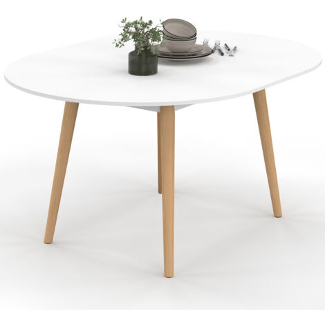 Idmarket – Table à manger extensible ronde 4-8 personnes – Plateau MDF blanc – Pieds en bois biseautés – Dimensions 110-150 cm