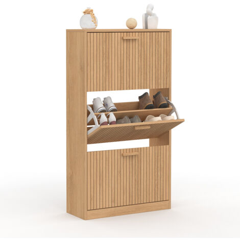 Idmarket – Meuble à chaussures 18 paires – 3 portes battantes – Dimensions 60x24x113 cm – Panneaux de particules bois – Style moderne et chaleureux
