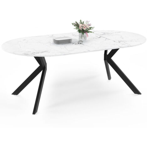 Idmarket – Table extensible ronde ALIX 4-10 personnes – Pied araignée noir – Plateau effet marbre blanc – Longueur 110-200 cm