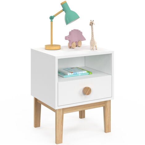Idmarket – Table de chevet enfant 1 tiroir et niche – Bois et blanc – Dimensions 40x34x49,5 cm – Bords arrondis pour sécurité enfant