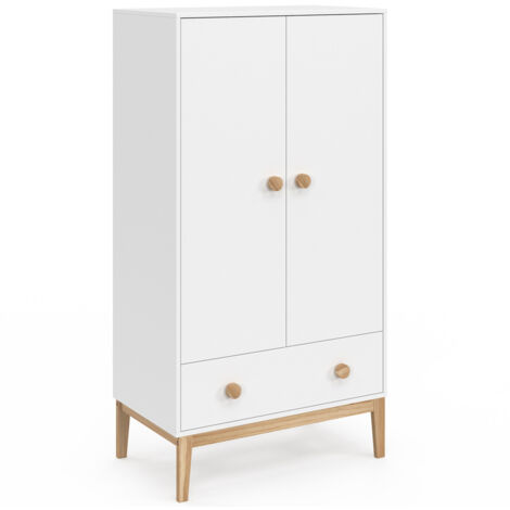 Idmarket – Armoire enfant 2 portes avec tiroir blanc et bois – Dimensions 80x48x150 cm – 4 étagères ajustables et barre de penderie