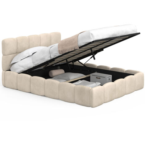 Lit coffre double NUAGE avec tête de lit matelassée et sommier 140 x 190 cm velours beige