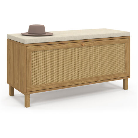 Idmarket – Banc d'entrée vintage avec rangement chaussures – Dimensions 100x30x51cm – Façade cannage naturel – Coussin tissu beige confortable (1/5)