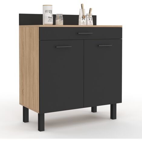 Idmarket – Buffet bas de cuisine 80 cm – Plan de travail H. 83 cm – 2 portes + tiroir – Structure hêtre et noir – Rangement 36,5 cm de profondeur (1/5)