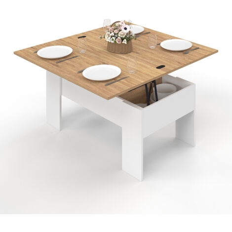 Idmarket – Table basse relevable 2 en 1 – Plateau convertible en table à manger – Dimensions 100x50x45cm – Bois blanc et imitation hêtre (1/5)