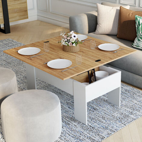 Table Basse Plateau Relevable Tara - Table 2 En 1 Bois Blanc Et Hêtre, Rangement Intégré, Idéale Salon Et Repas