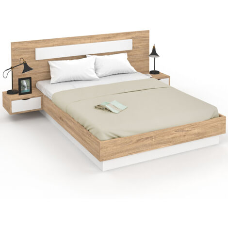 Lit double SANTA avec tête de lit + tables de chevet intégrées et sommier 160 x 200 cm bois et blanc