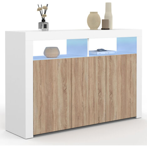 Idmarket – Buffet 110 cm 3 portes blanc et bois façon hêtre – Éclairage LED multicolore – Rangement avec étagères ajustables – Design contemporain