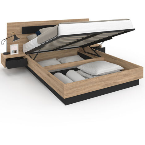 Idmarket – Lit coffre SANTA 140x190cm – Sommier relevable 24 lattes – Coffre de rangement intégré – Tables de nuit avec tiroirs bois noir