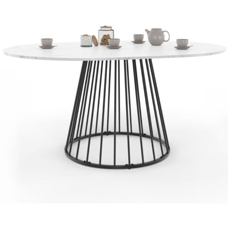 Table à manger extensible ronde YUNA 4-8 personnes plateau effet marbre blanc ALASKA et noir 110 - 150 cm