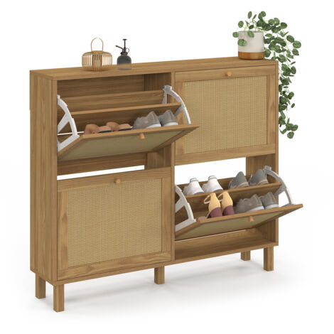 Idmarket – Meuble à chaussures 20 paires 4 portes effet cannage – Dimensions 100x23,5x85 cm – Panneaux de particules et cannage synthétique – Coloris bois