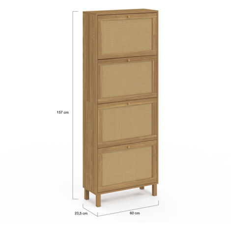 Meuble à Chaussures 4 Portes HANAE – Cannage Effet Naturel – Jusqu’à 20 Paires, 100x23x85 Cm – À Monter