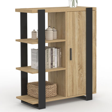 Buffet d'appoint 3 étagères et placard 70 cm PHOENIX bois et noir