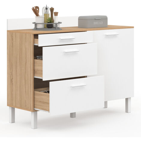 Idmarket – Buffet bas de cuisine 120 cm – Casserolier avec 1 porte et 3 tiroirs – Plan de travail H. 83 cm – Façon hêtre et blanc
