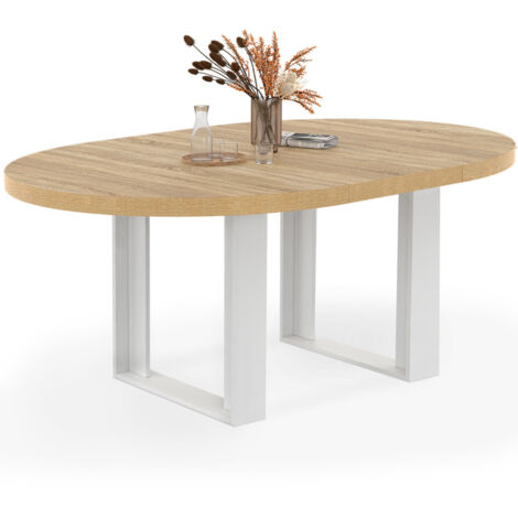 Table à manger extensible ronde PHOENIX 4-6 personnes bois et blanc 110-150 cm