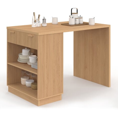 Ilot central mange-debout 4 personnes JULIETTE 130 cm lattes tasseau bois coloris chêne