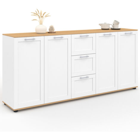 Idmarket – Buffet 180 cm bicolore bois et blanc – 4 portes avec étagères ajustables – 3 tiroirs – Style campagne chic moderne