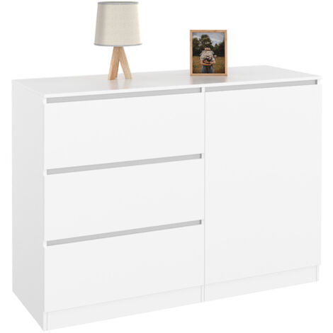 Commode TOMI 3 Tiroirs + 1 Porte - 110x40x80 Cm, Bois Blanc - Rangement Chambre Ou Bureau