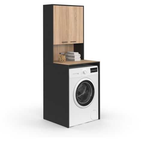 Meuble dessus de machine à laver WALLIS avec placard noir et bois façon hêtre