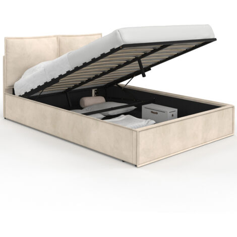 Idmarket – Lit coffre double 140 x 190 cm – Tête de lit matelassée – Sommier relevable 26 lattes – Rangement intégré – Velours beige