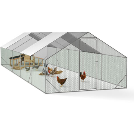 Idmarket – Enclos poulailler 30m² grillagé 10 x 3 m en acier galvanisé – Protection anti-prédateurs – Bâches imperméables et anti-UV