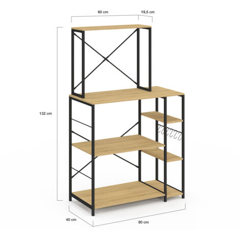 Étagère De Cuisine DETROIT Style Industriel – Support Micro-ondes, 5 Crochets, Plan De Travail 80x40 Cm, Hauteur 132 Cm