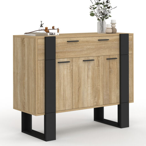 Idmarket – Buffet 100 cm 3 portes 1 tiroir – Structure en panneaux de particules – Couleur bois et noir – Style industriel moderne (1/5)