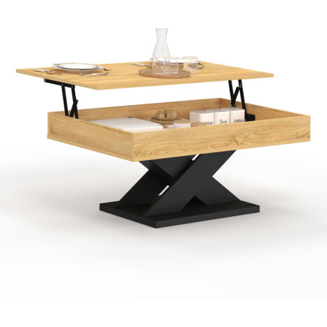 Idmarket – Table basse rectangulaire plateau relevable – Longueur 110 cm x largeur 60 cm x hauteur 45/58,5 cm – Bois mélaminé clair et pied noir