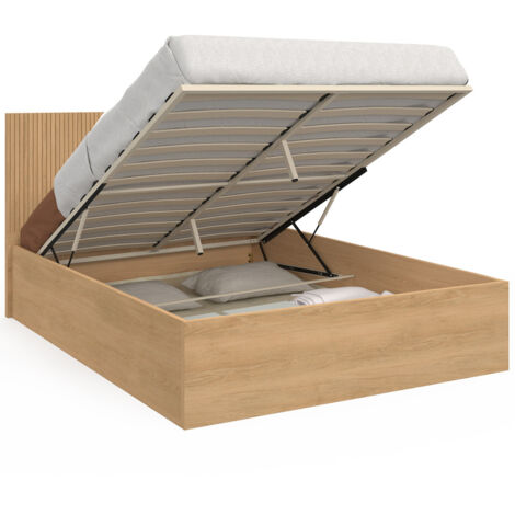 Idmarket – Lit coffre double SEASIDE 140 x 190 cm – Tête de lit JULIETTE effet lattes bois – Grand coffre de rangement – Sommier 24 lattes (1/5)